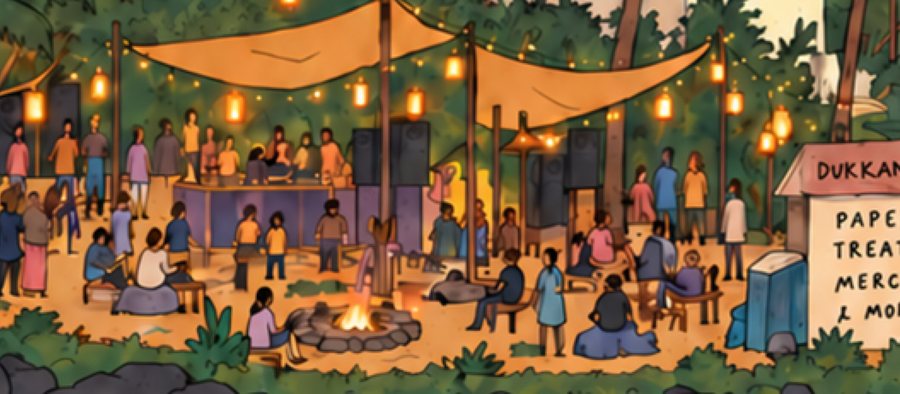 The Garden stage under orange canopies and lanterns